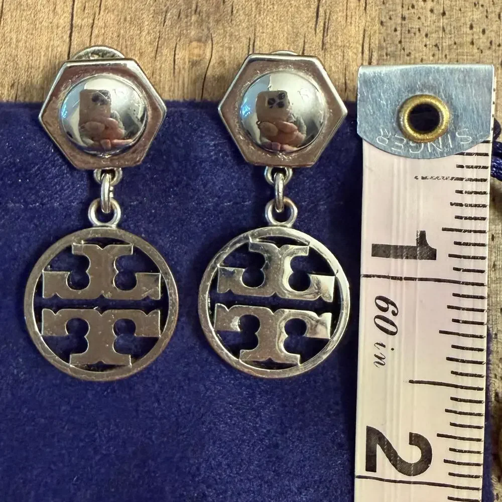 Tory Burch Hexagonal Logo Circle Drop Earrings Silver Tone Jewelry 1.5